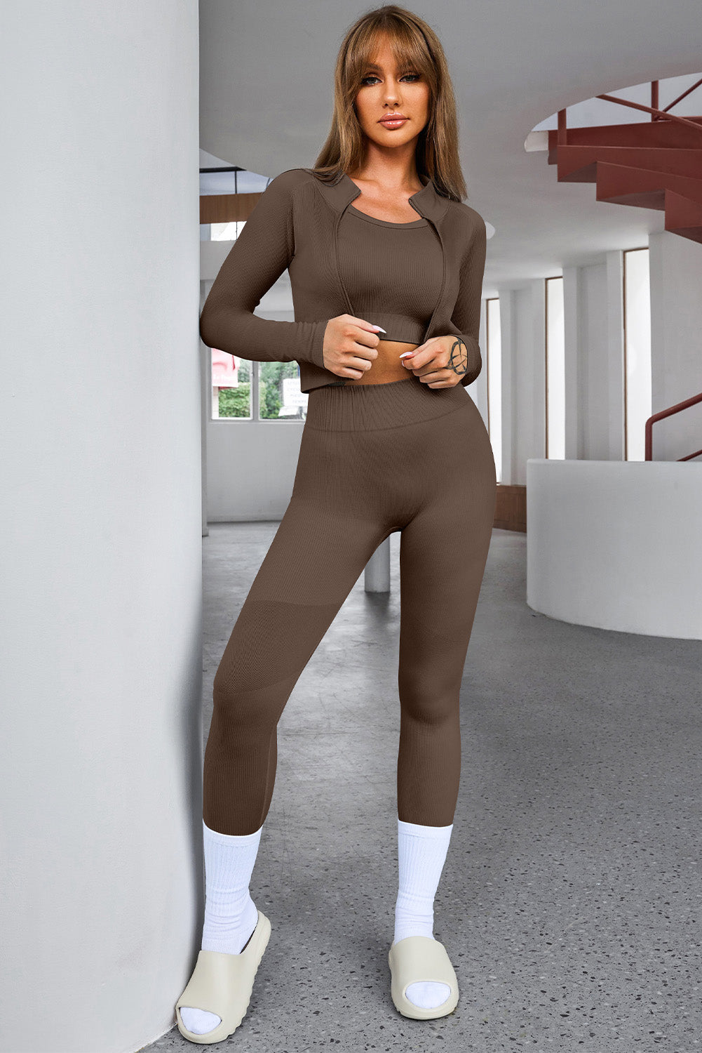 Brown Ribbed Knit 3pcs Sports Set