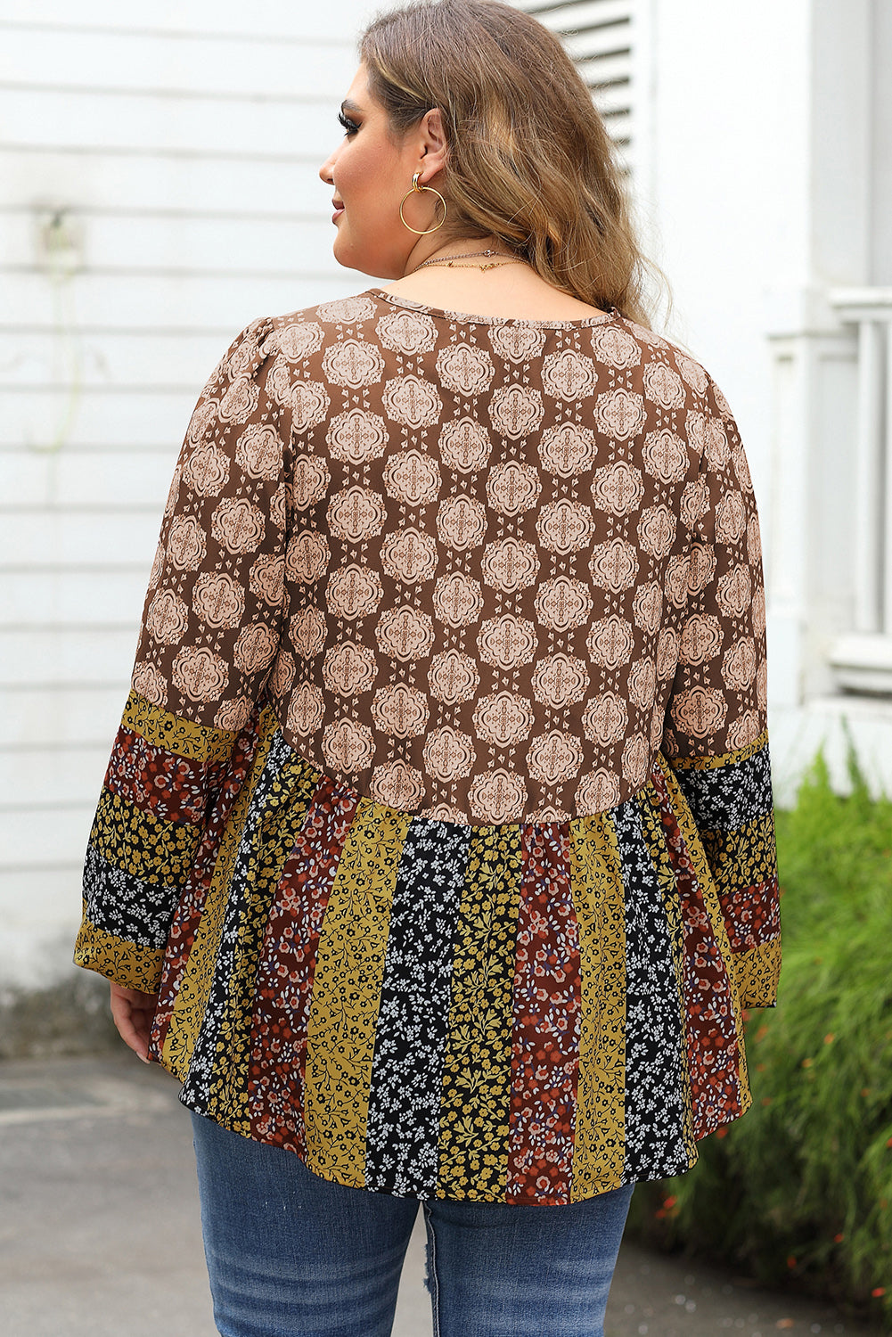 Brown Mix Floral Striped Ethnic Splicing Plus Size Blouse