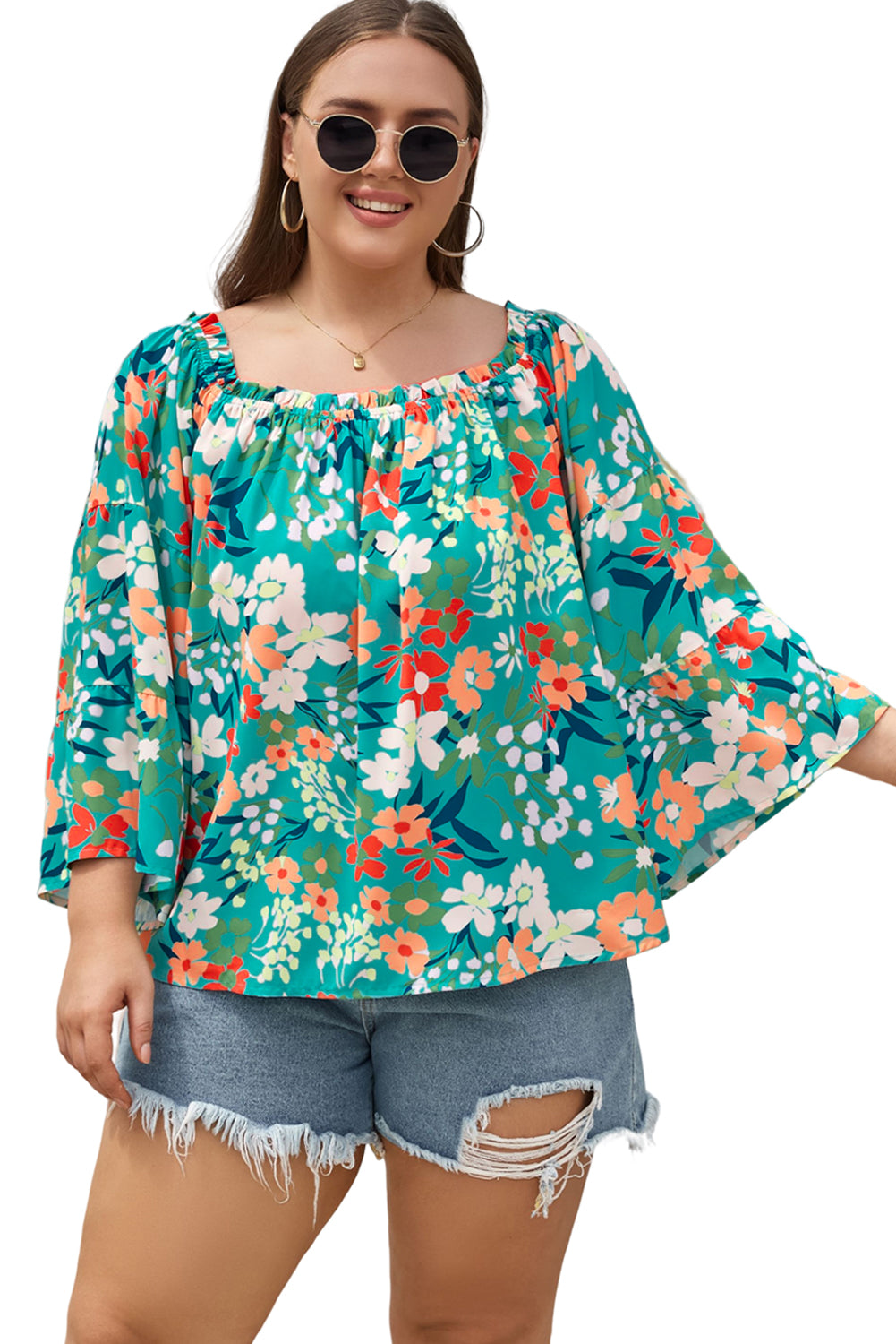 Green Floral Print Frilled Off Shoulder Plus Size Blouse