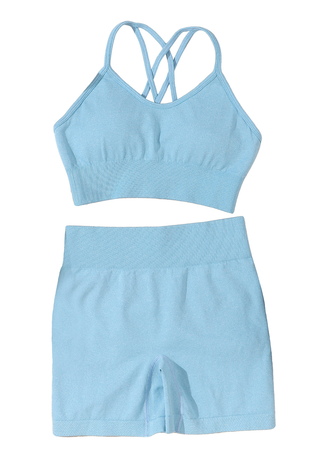 Sky Blue Ribbed Trim Strappy High Waist Active Set