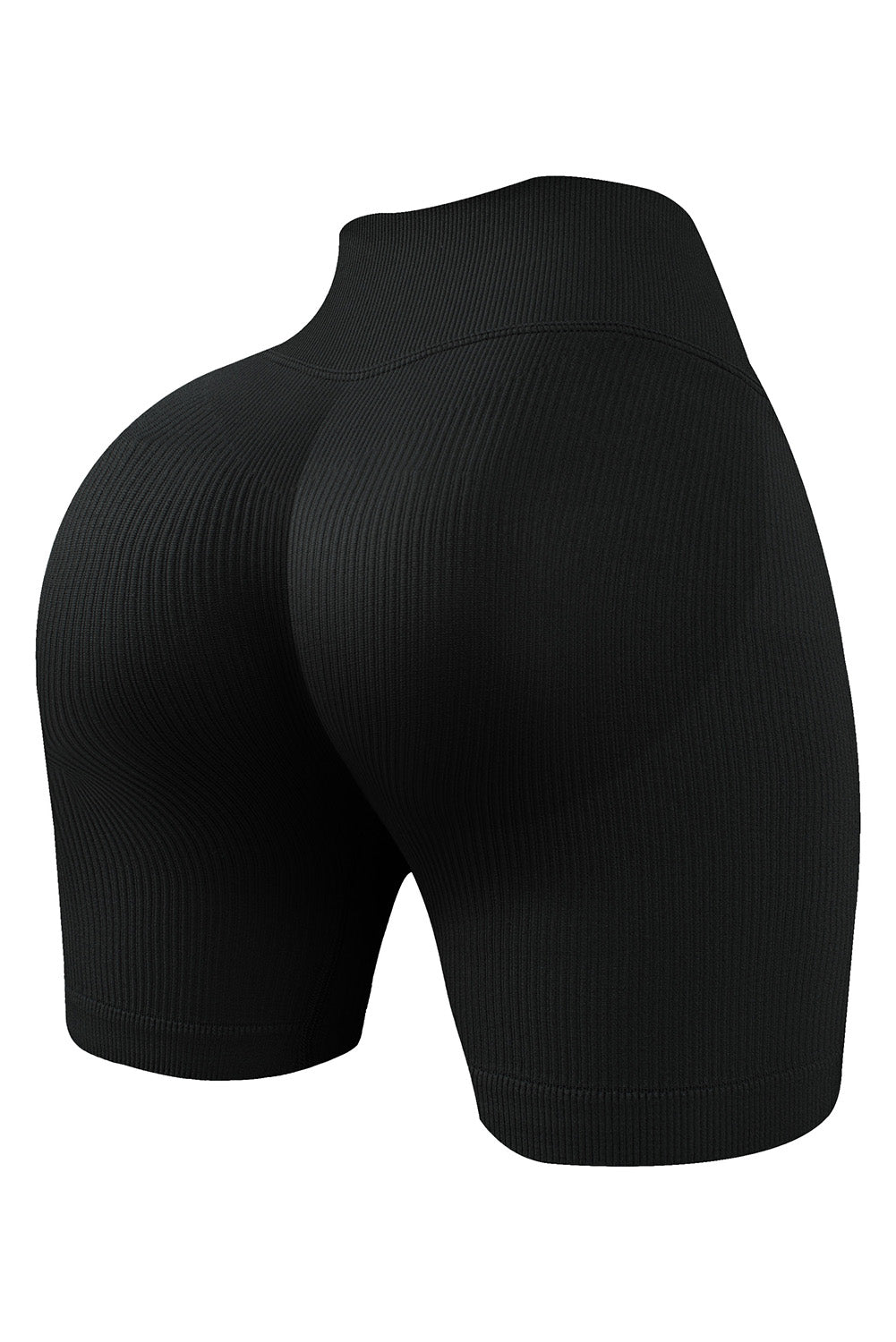 Black Solid Color Ribbed Drawstring Waist Yoga Shorts