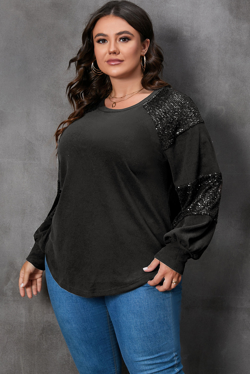 Black Plus Size Sequin Patchwork Crew Neck Long Sleeve Top