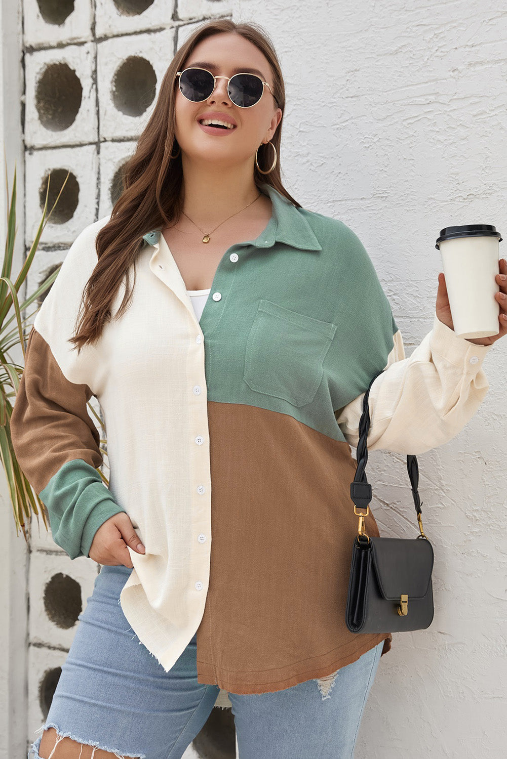 Green Colorblock Raw Edge Plus Size Shirt