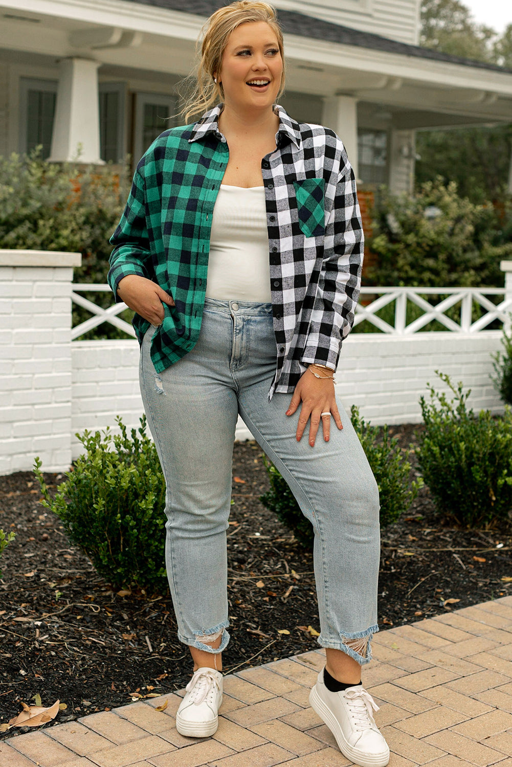 Sea Green Plaid Color Block Buttoned Plus Size Shacket