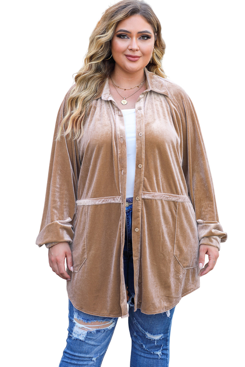 Khaki Casual Button Down Plus Size Velvet Shirt