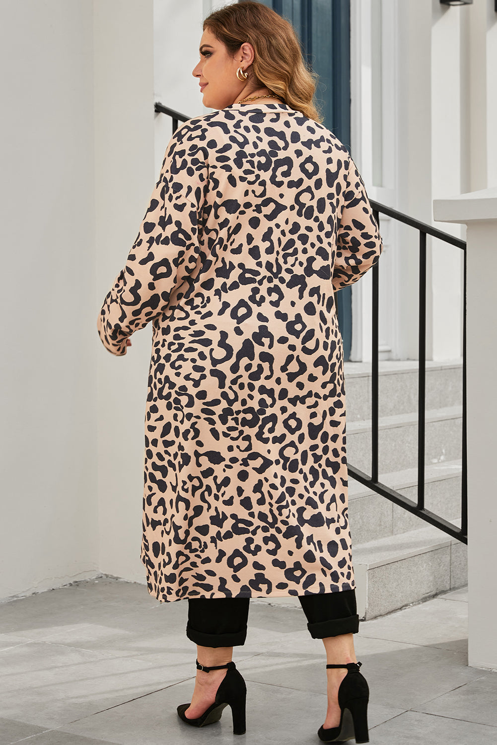 Leopard Plus Size Open Front Pocketed Long Cardigan