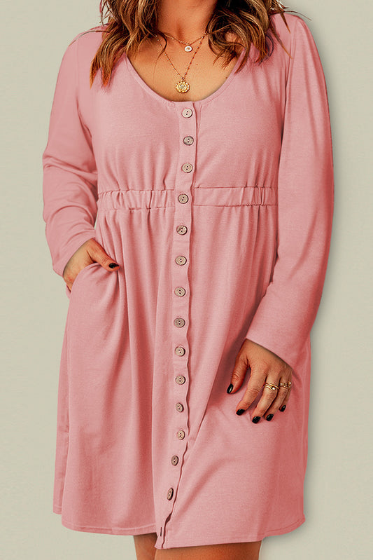 Pink Solid Button Front Plus Size Long Sleeve Dress