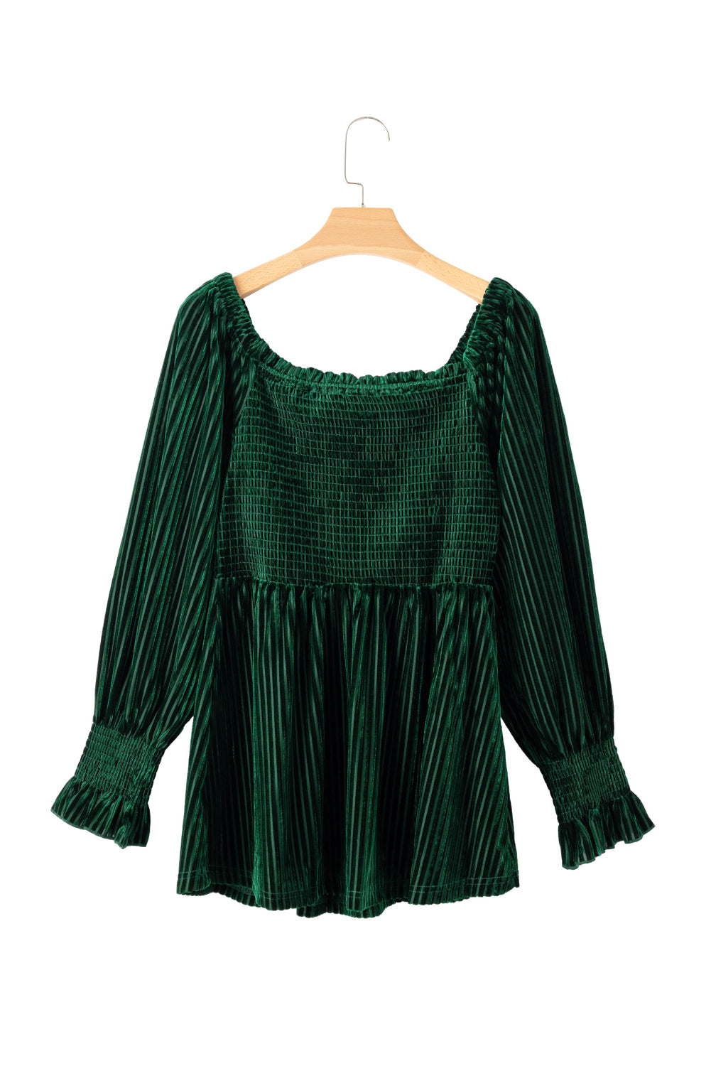 Blackish Green Smocked Ribbed Velvet Babydoll Top