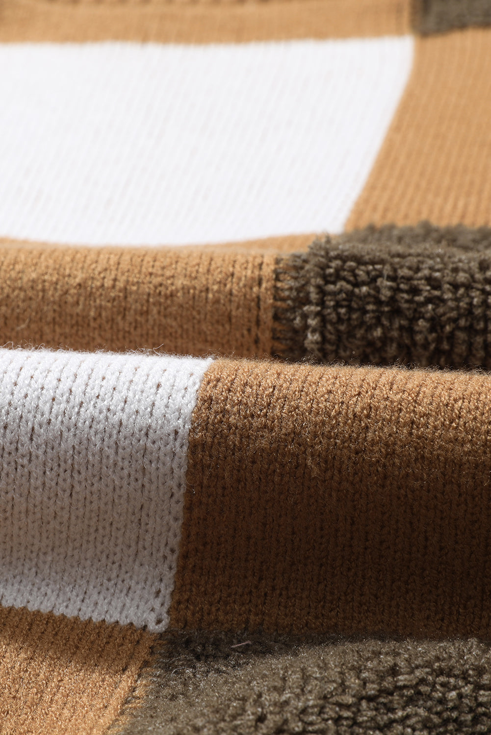 Brown Checkered Knit Ribbed Trim Buttoned Plus Cardigan