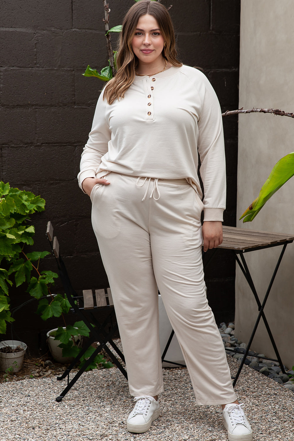 Apricot Plus Size Long Sleeve Henley Top Drawstring Pants Outfit