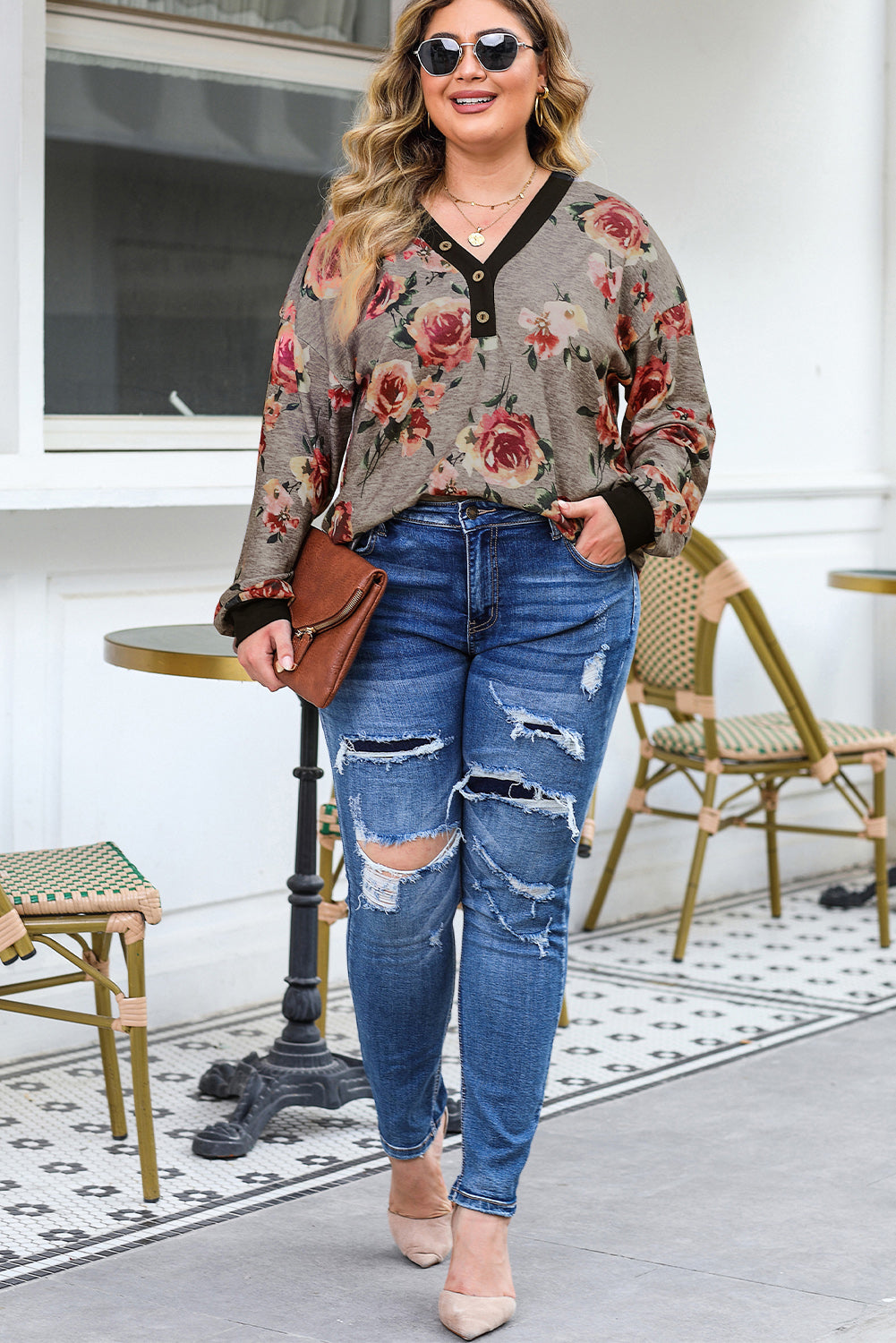 Gray Floral Long Sleeve Plus Size Henley Top