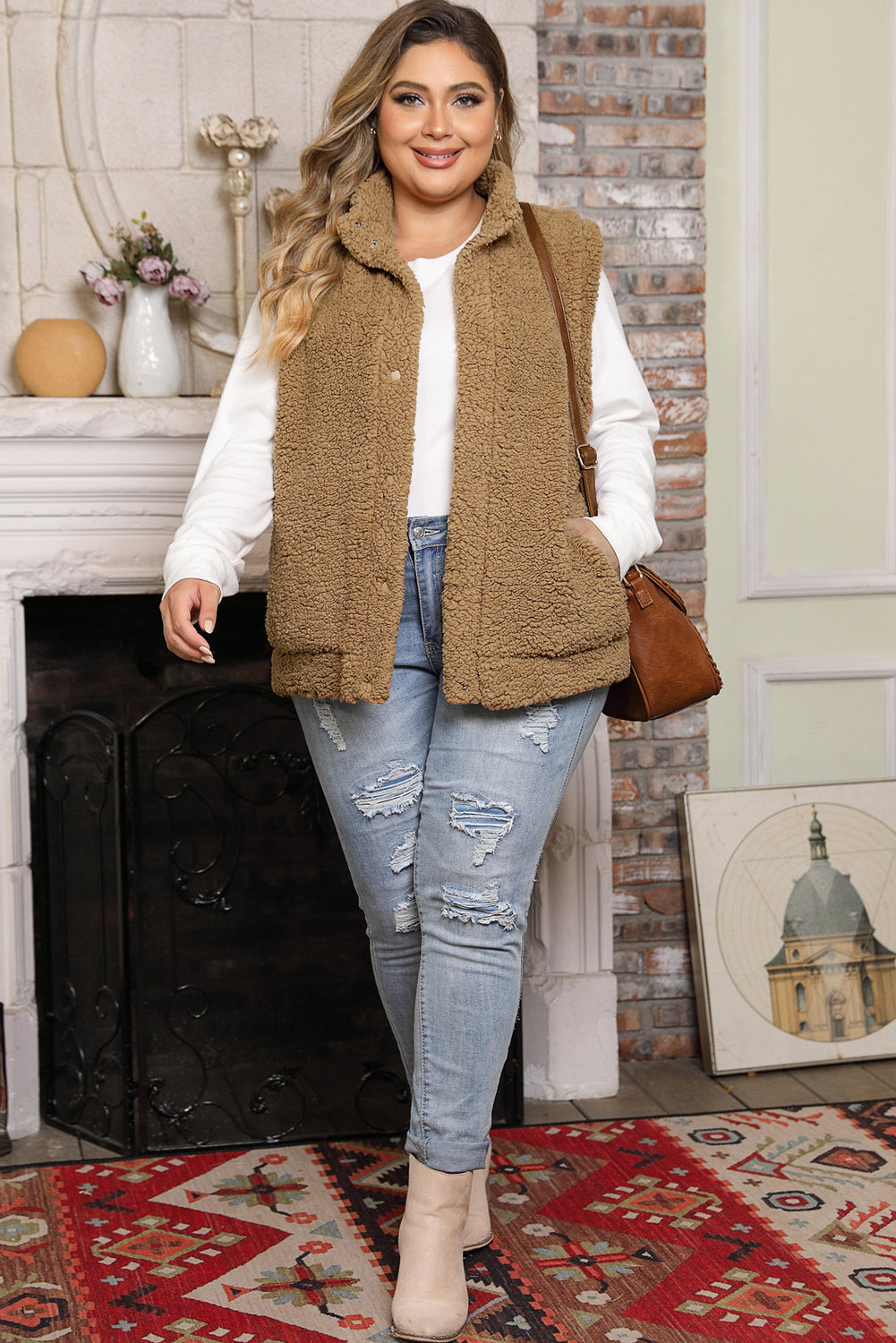 Khaki Plus Size Pocketed Sherpa Vest