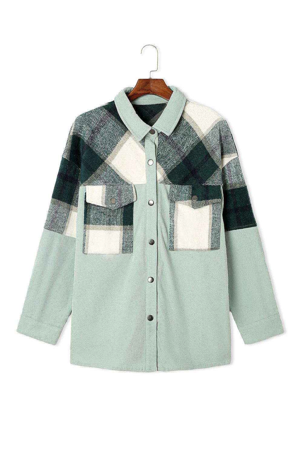 Green Plaid Patchwork Plus Size Corduroy Shacket