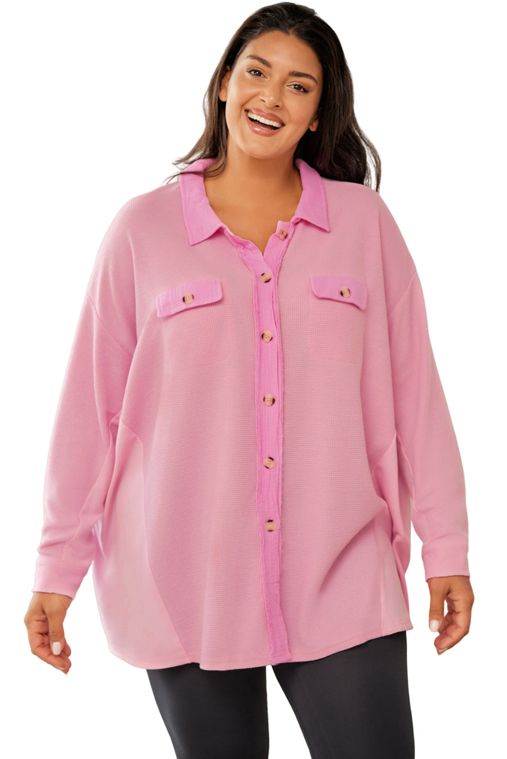 Pink Plus Size Waffle Knit Exposed Seam Shirt