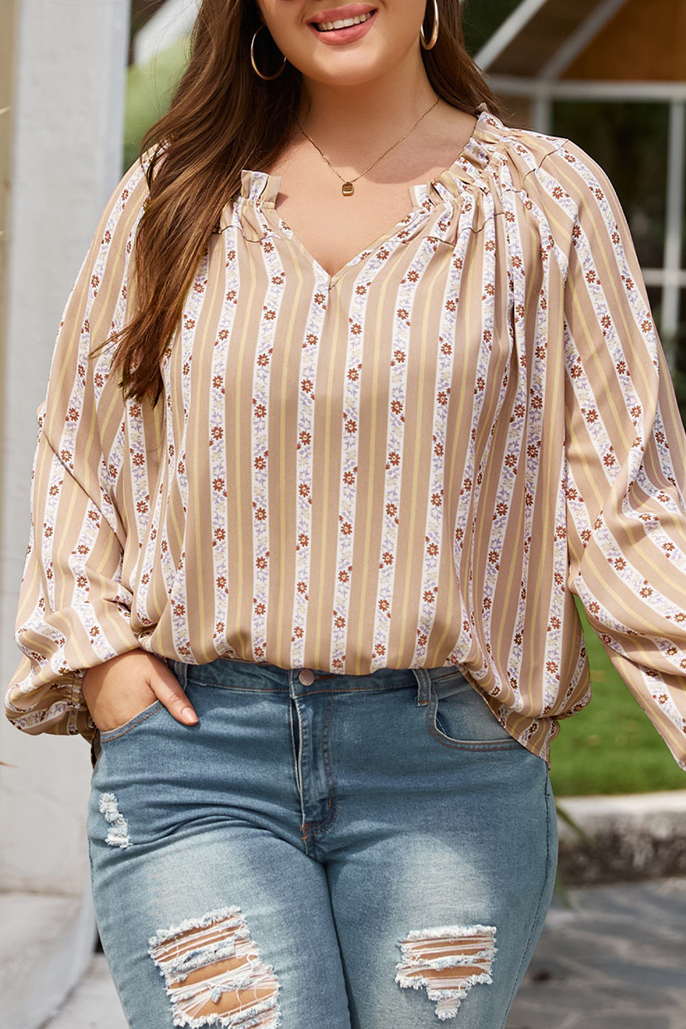 Pink Plus Size Printed Split Neck Blouse