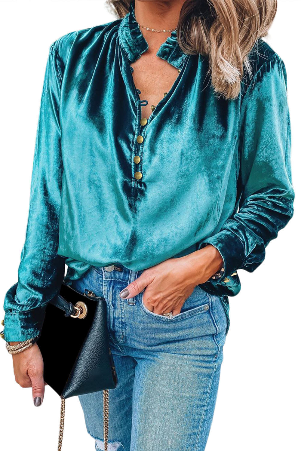 Green Frilled Neck Buttoned Front Velvet Top