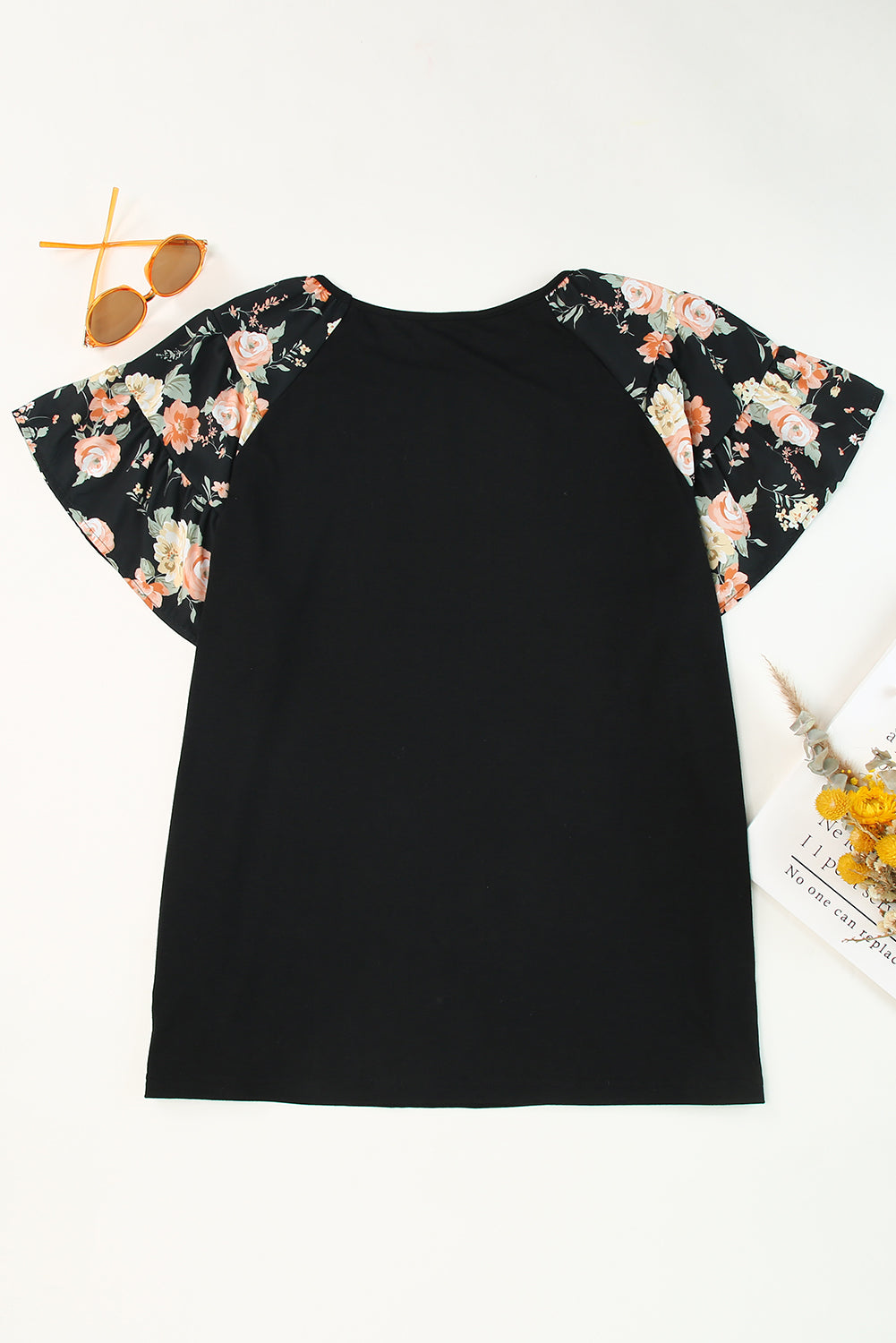 Black Floral Ruffle Sleeve Plus Size Top