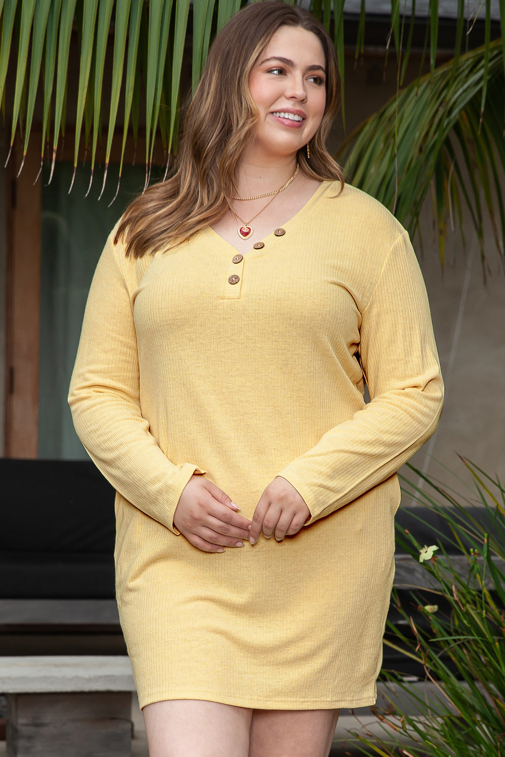 Yellow Plus Size Ribbed Long Sleeve Pocketed Henley Dress