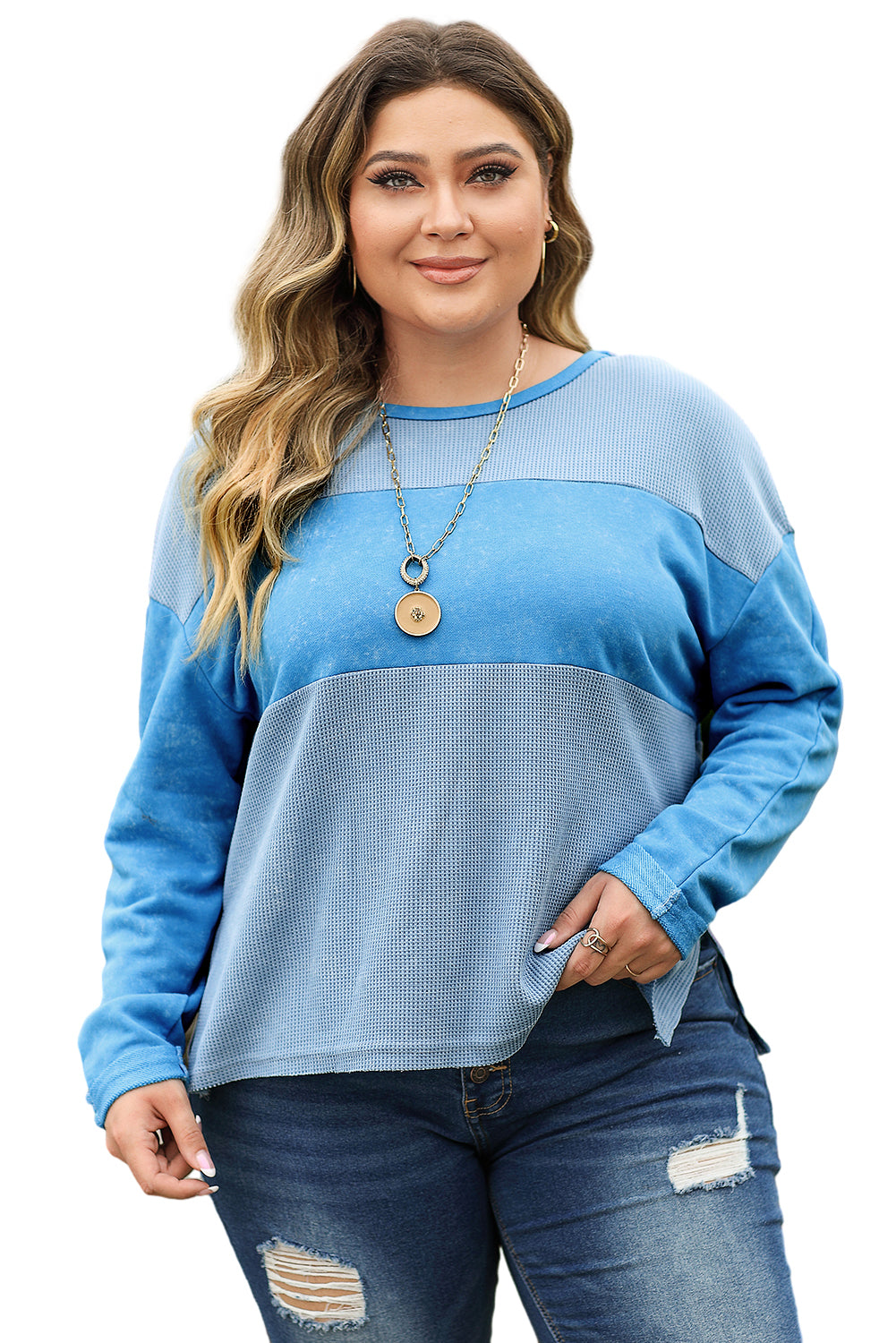 Sky Blue Plus Size Waffle Knit Patchwork Drop Shoulder Top