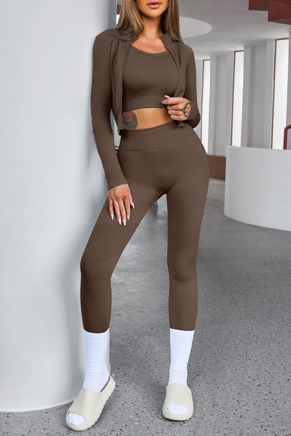 Brown Ribbed Knit 3pcs Sports Set