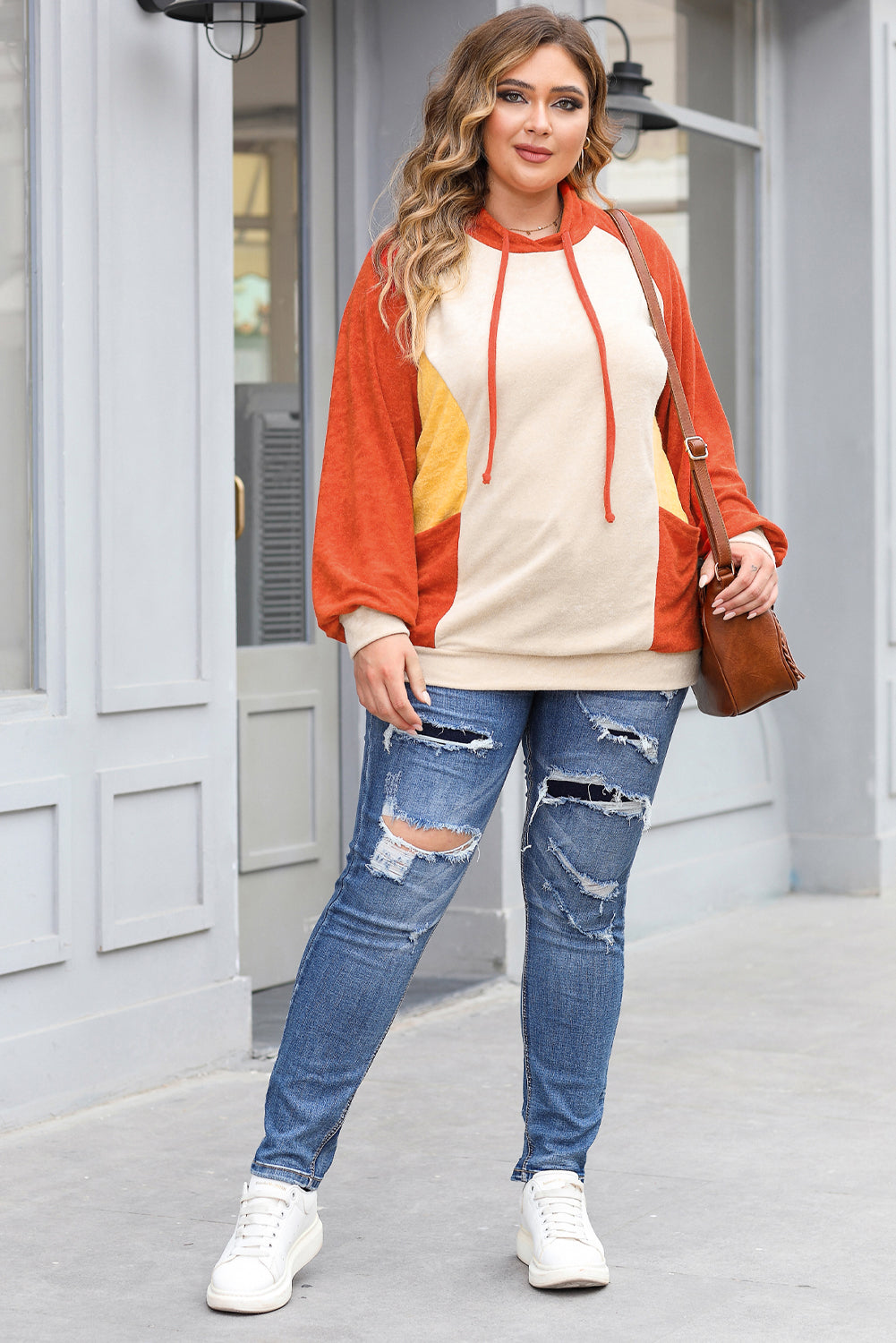 Orange Plus Size Colorblock Raglan Hoodie with Pockets