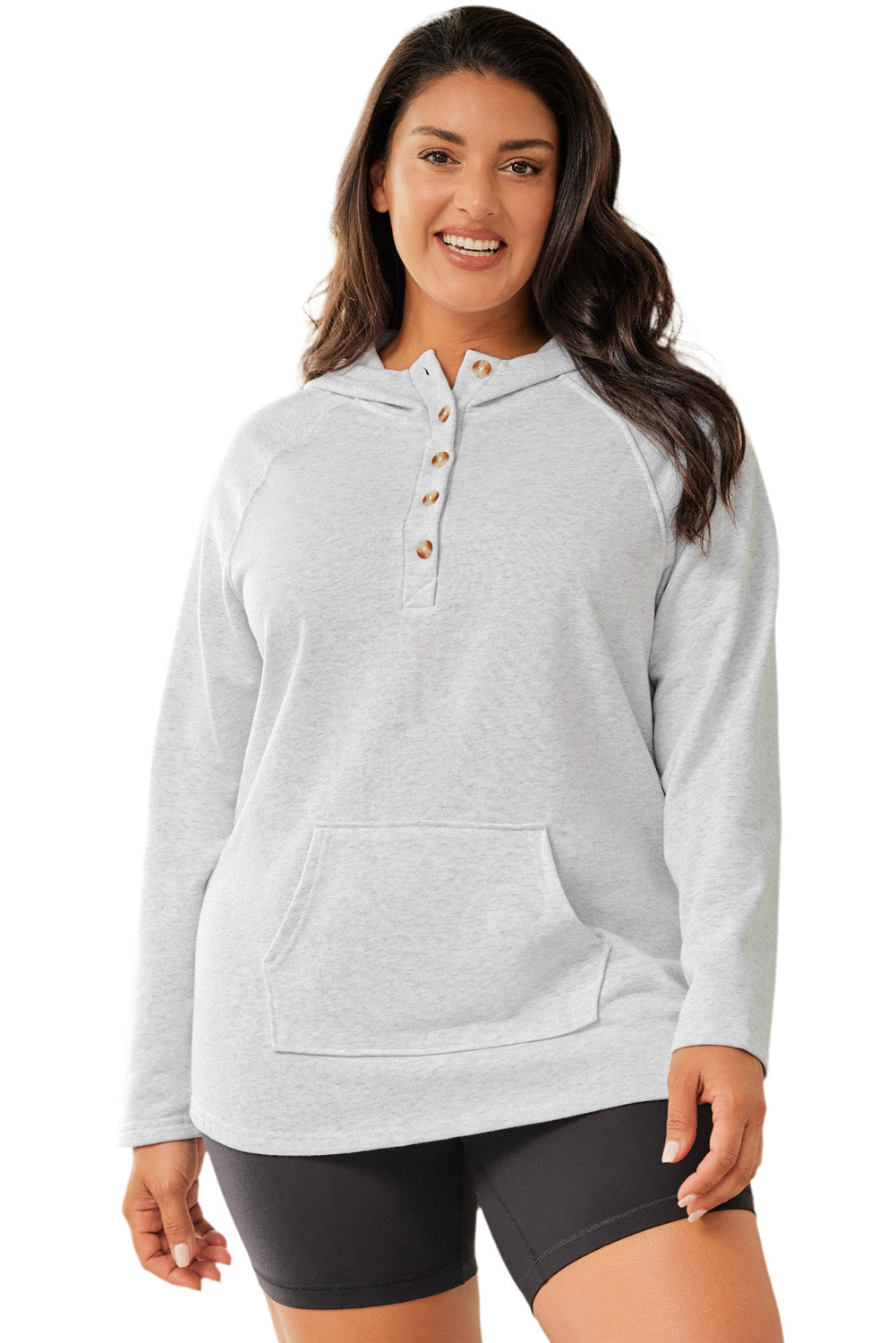 Gray Plus Size Kangaroo Pocket Henley Button Hoodie