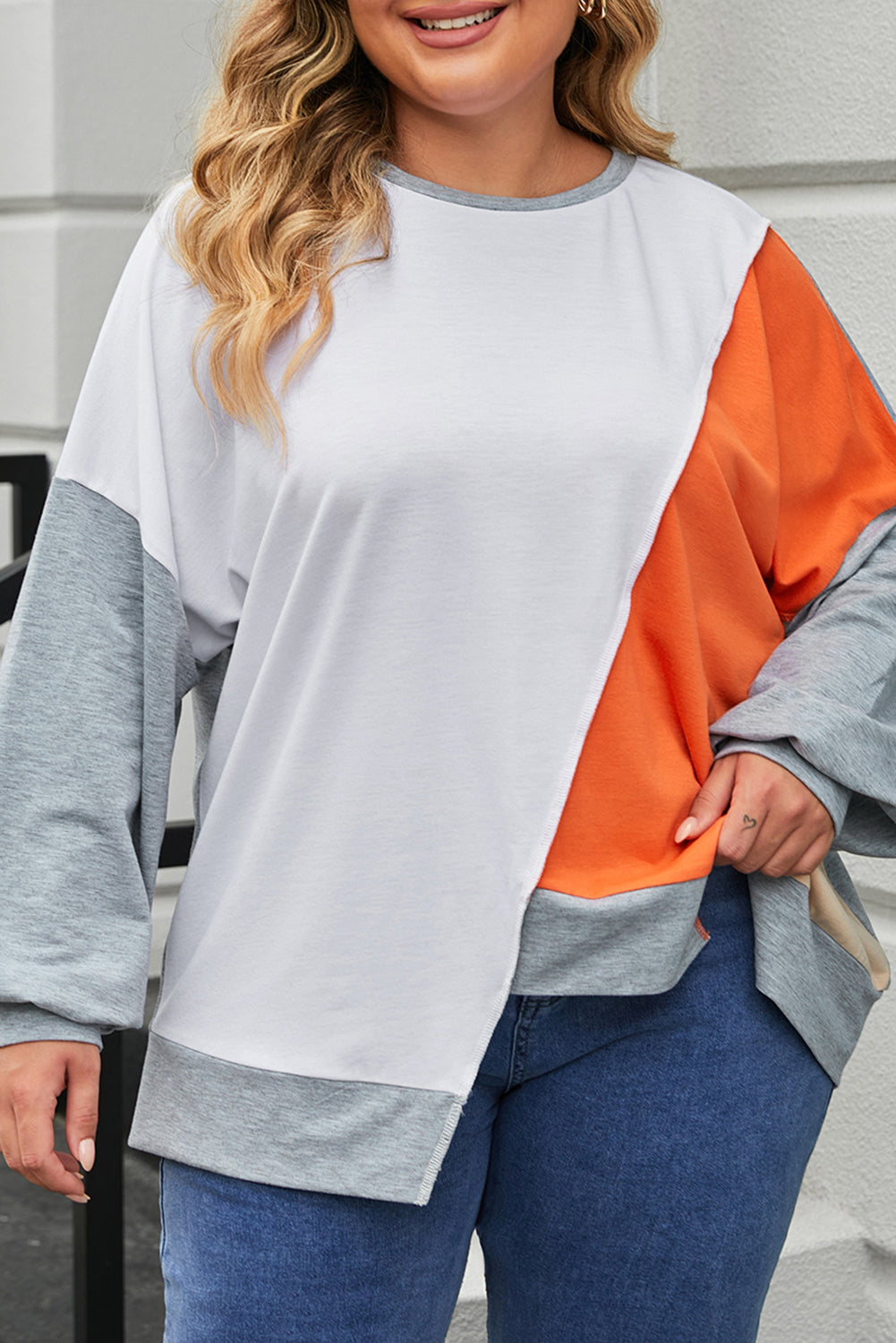 Multicolor Plus Size Colorblock Seamed Drop Shoulder Sweatshirt