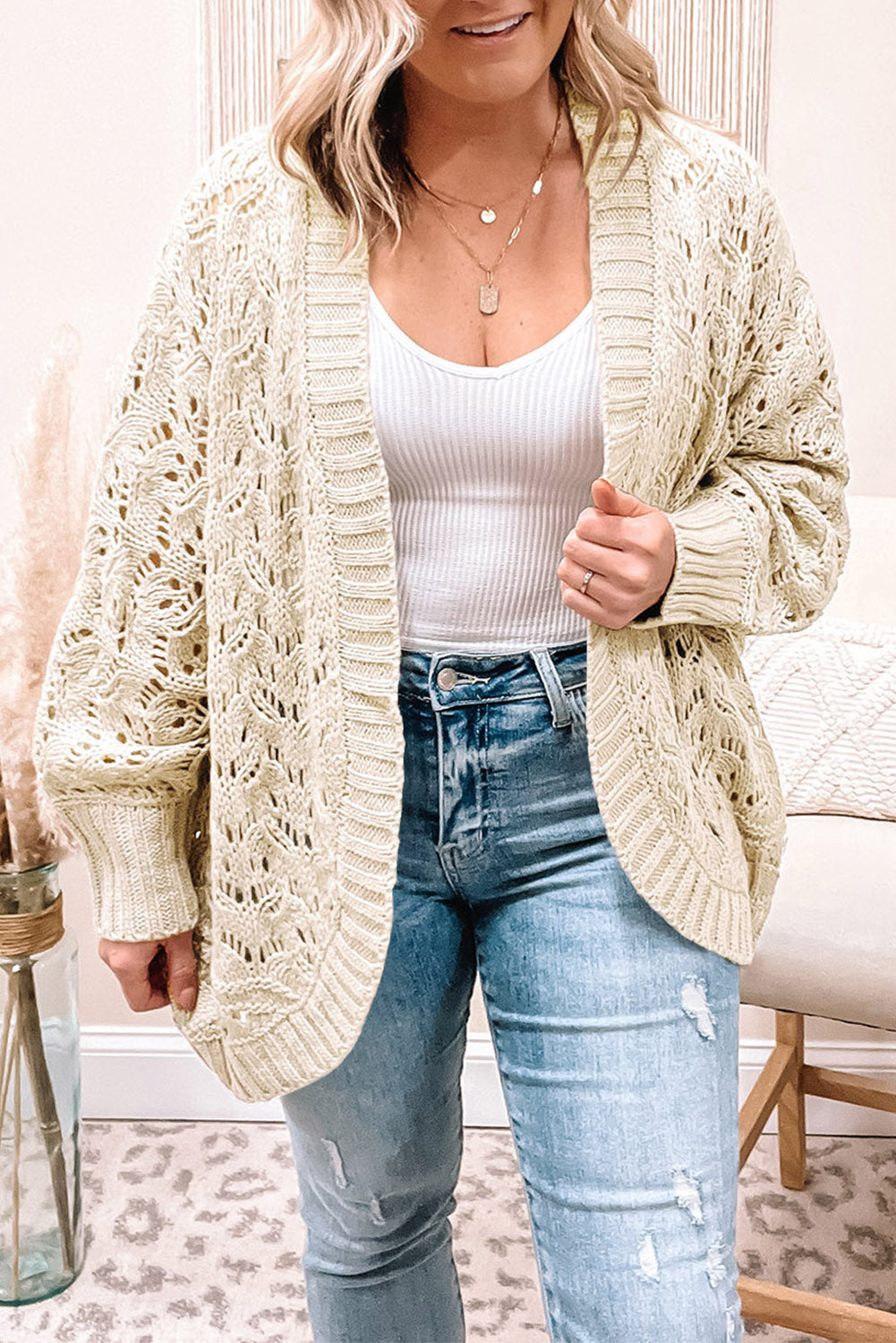 Beige Plus Size Textured Knit Open Ribbed Trim Cardigan