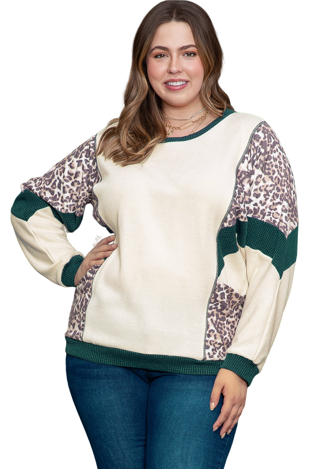 Leopard Colorblock Patchwork Dolman Sleeve Plus Size Top