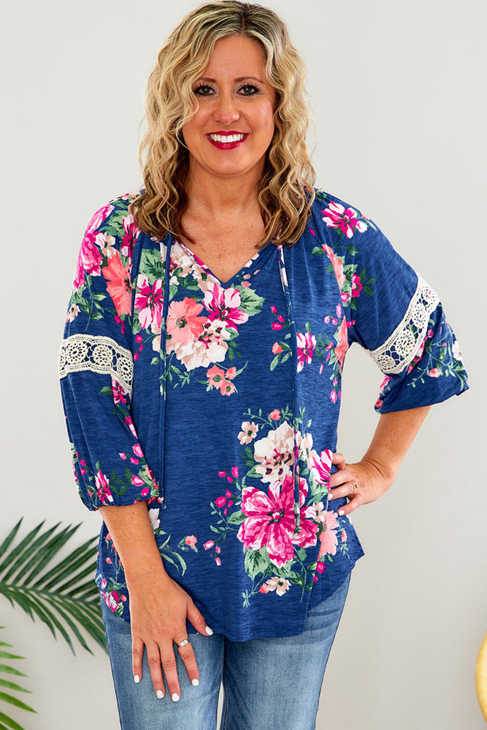 Dark Blue Plus Size Lace Patch 3/4 Sleeve Split Neck Floral Top