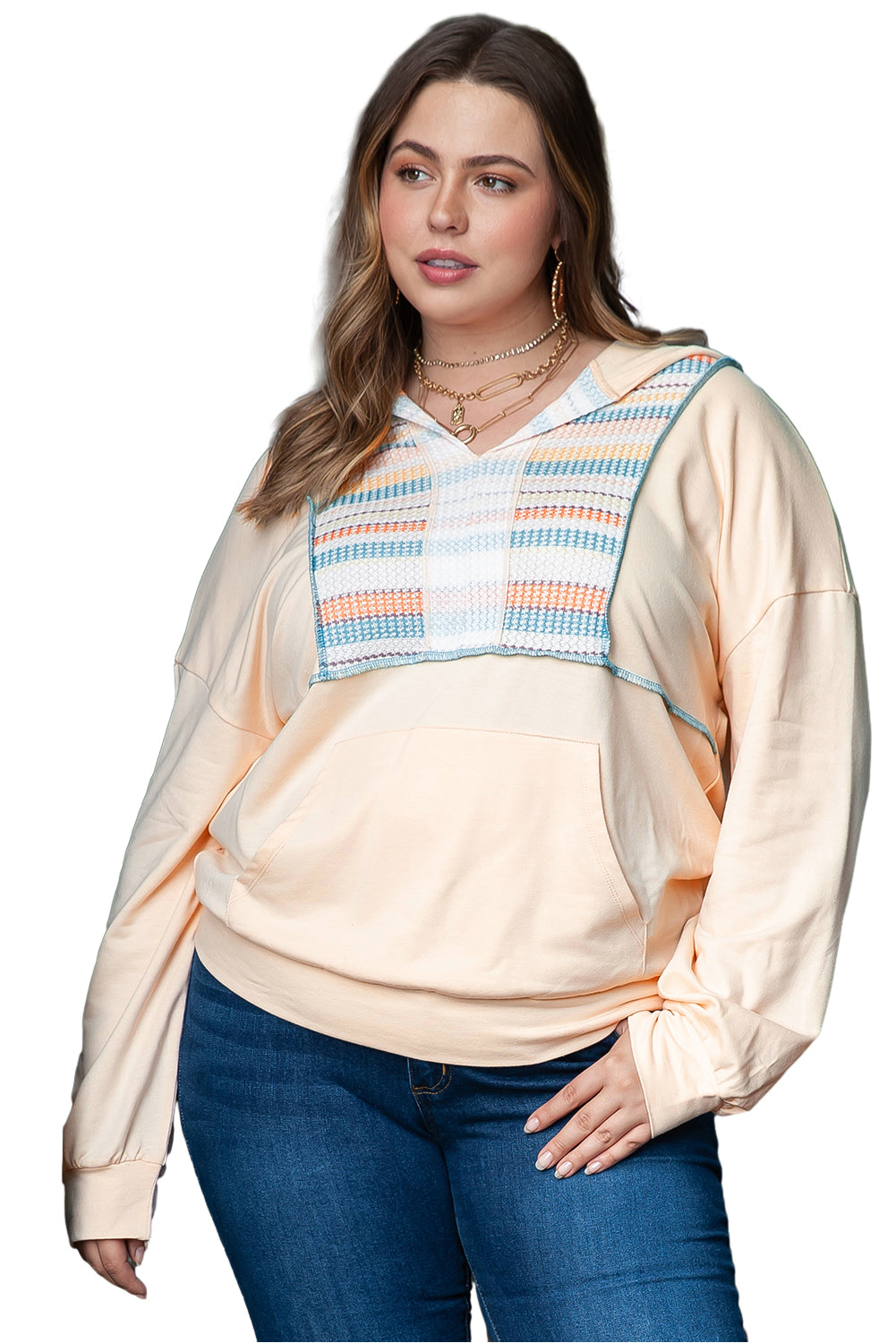 Khaki Geometric Print Splicing Plus Size Hoodie