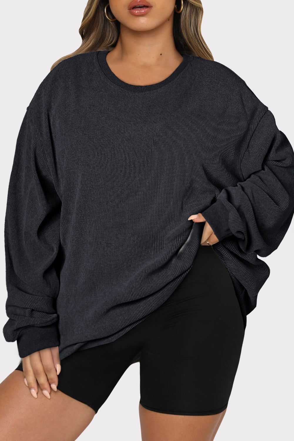 Black Plus Size Corded Round Neck Sweatshirt