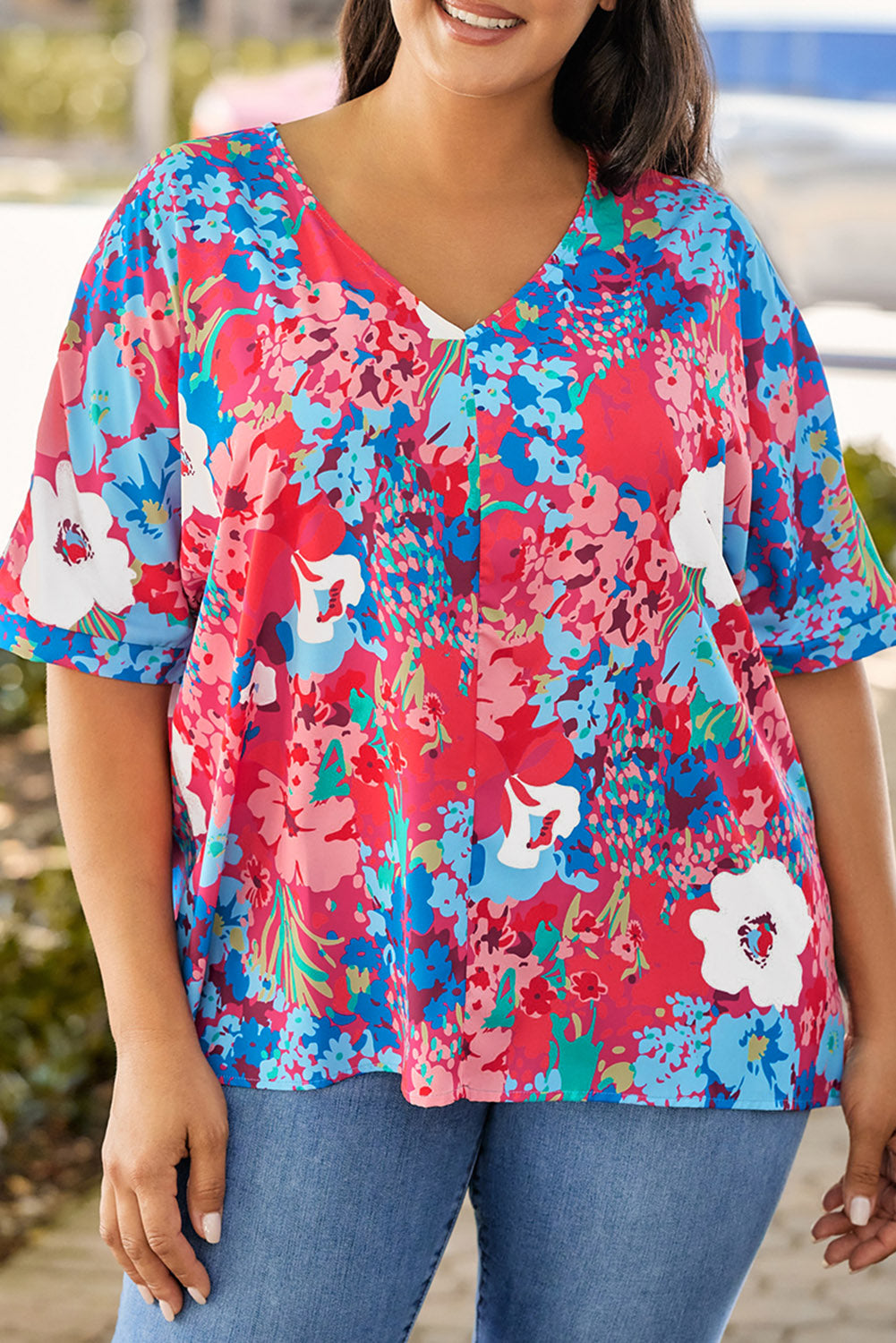 Sky Blue V Neck Dolman Sleeve Plus Size Floral Blouse