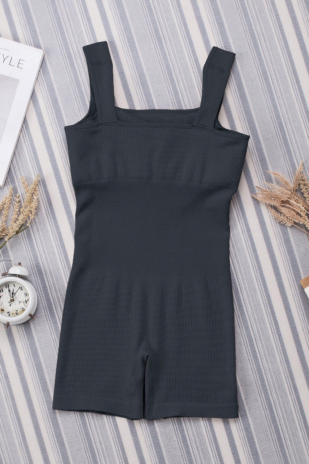 Black Ribbed Square Neck Padded Sports Romper