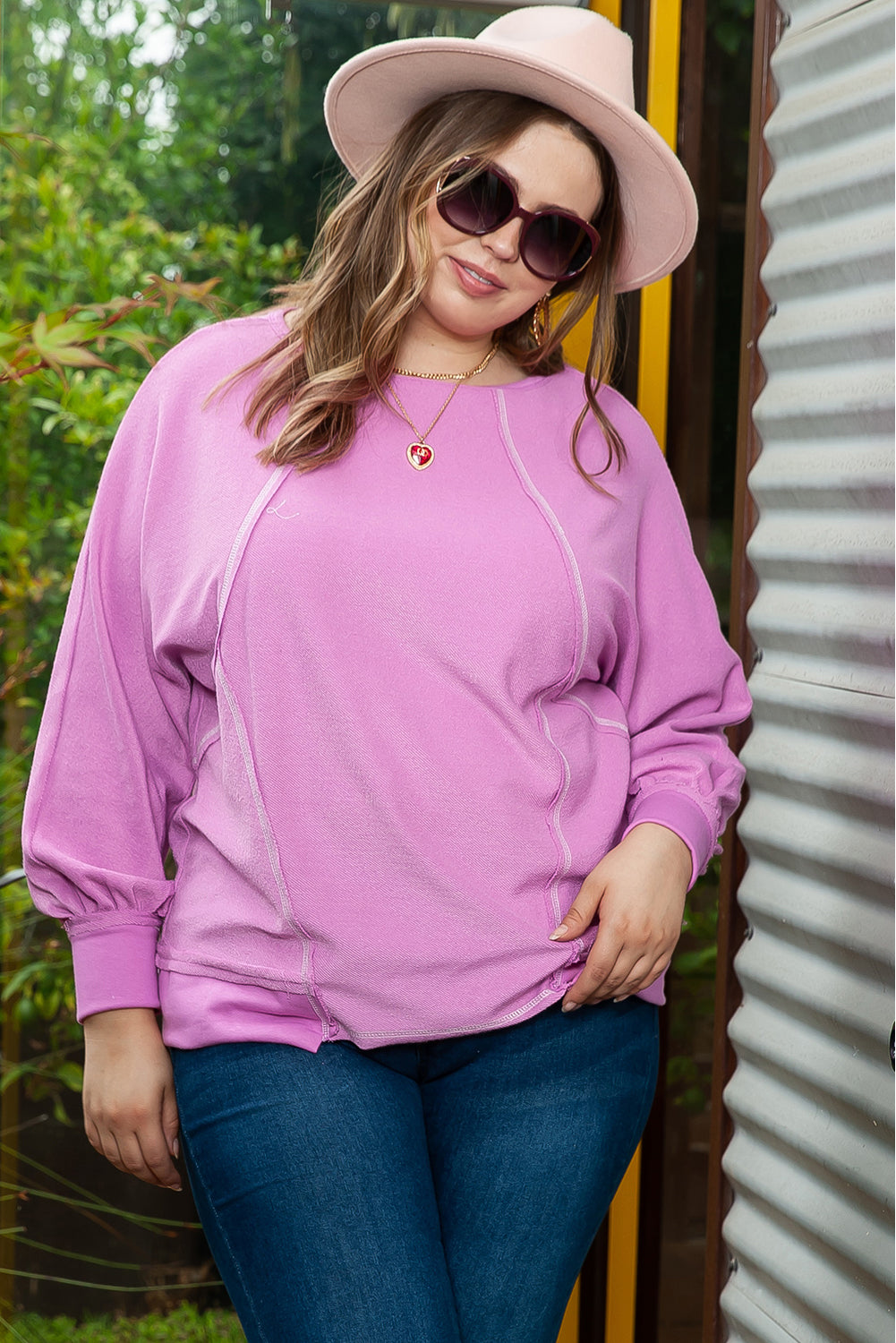 Pink Plus Size Exposed Seam Terry Long Sleeve Top