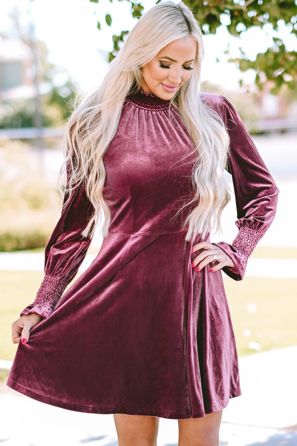 Burgundy Smocked High Neck Flounce Sleeve Velvet Dress