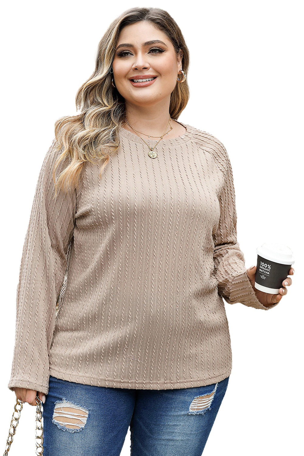 Camel Plus Size Crew Neck Ribbed Knit Top