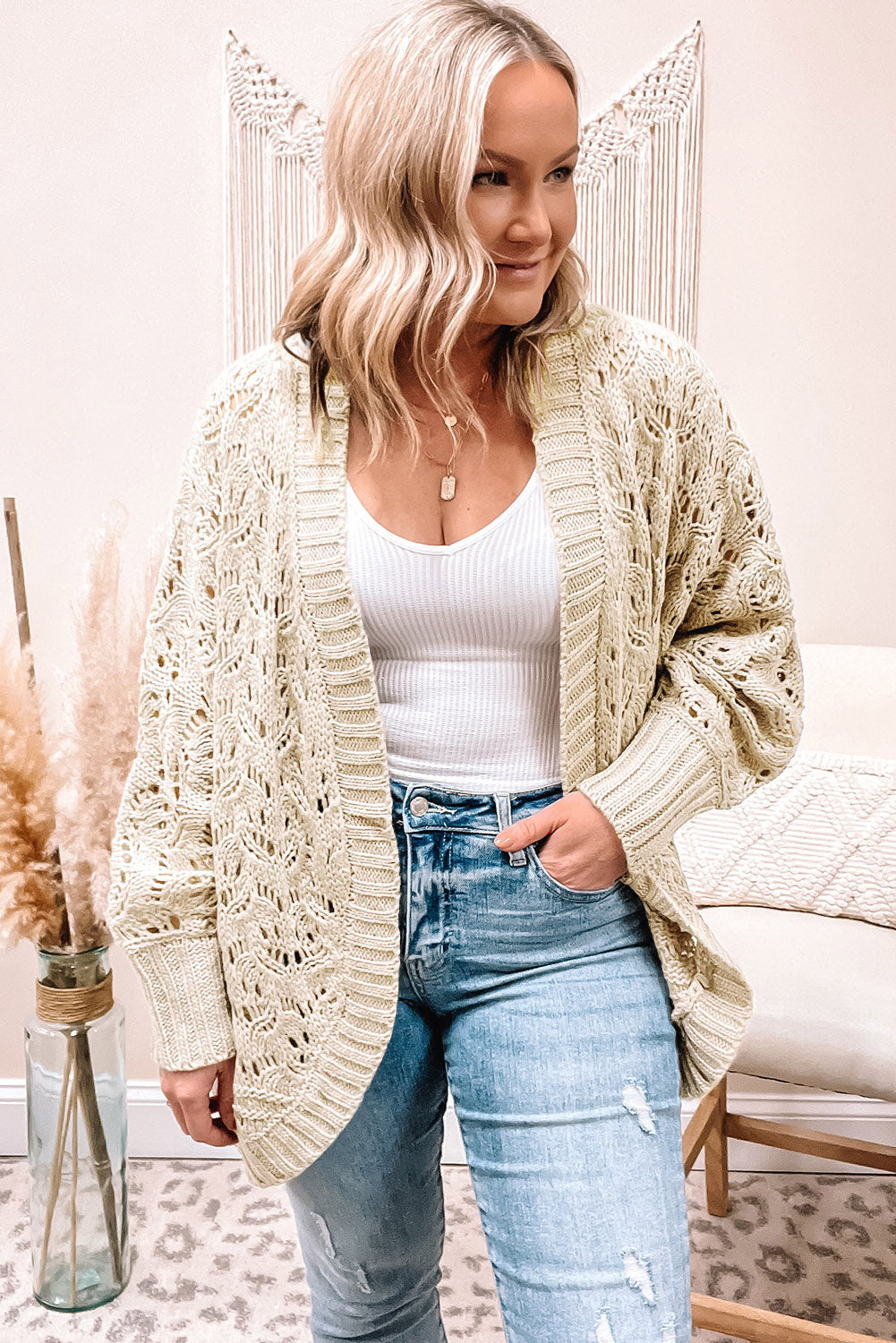 Beige Plus Size Textured Knit Open Ribbed Trim Cardigan