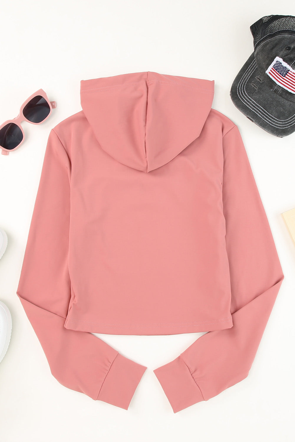 Pink Cutout Cropped Sporty Drawstring Hoodie