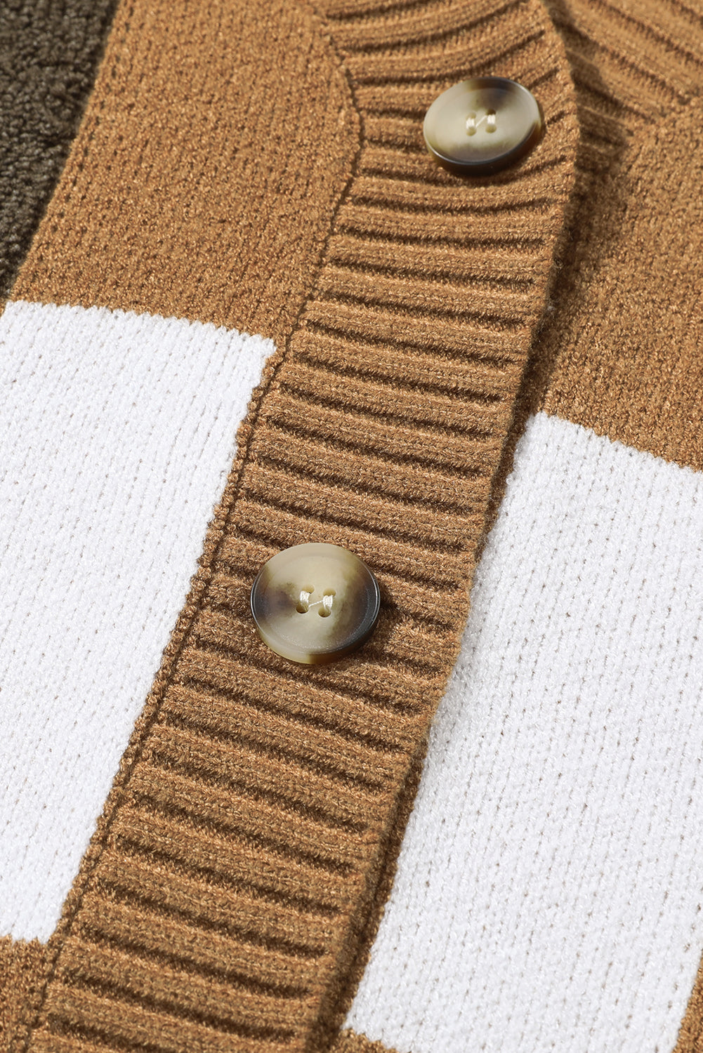 Brown Checkered Knit Ribbed Trim Buttoned Plus Cardigan