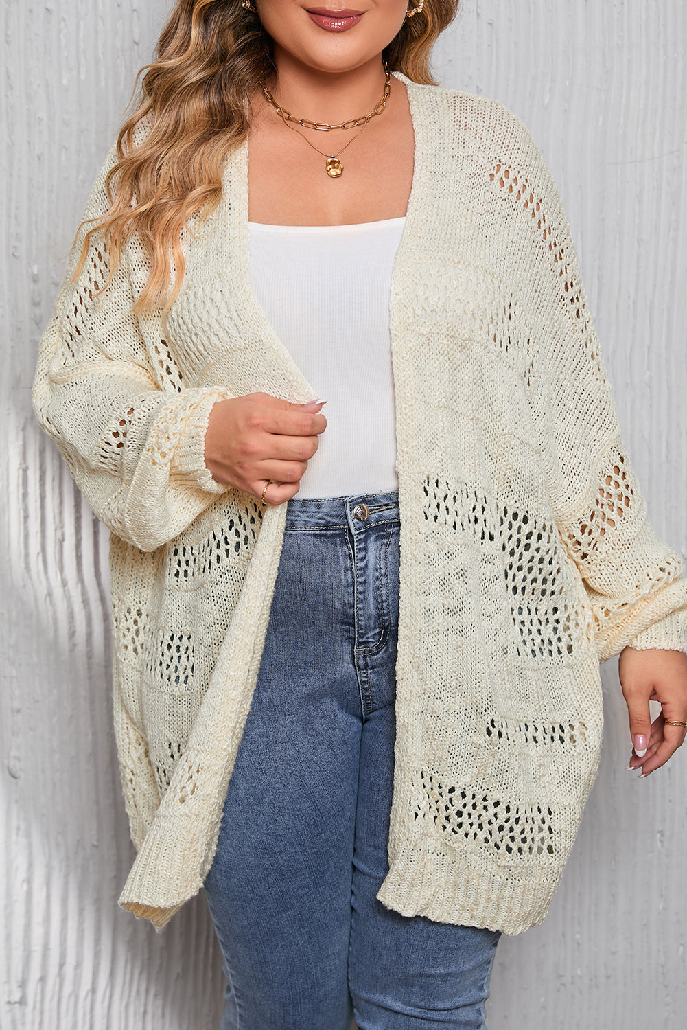 Apricot Plus Size Slouchy Hollowed Knit Open Front Cardigan