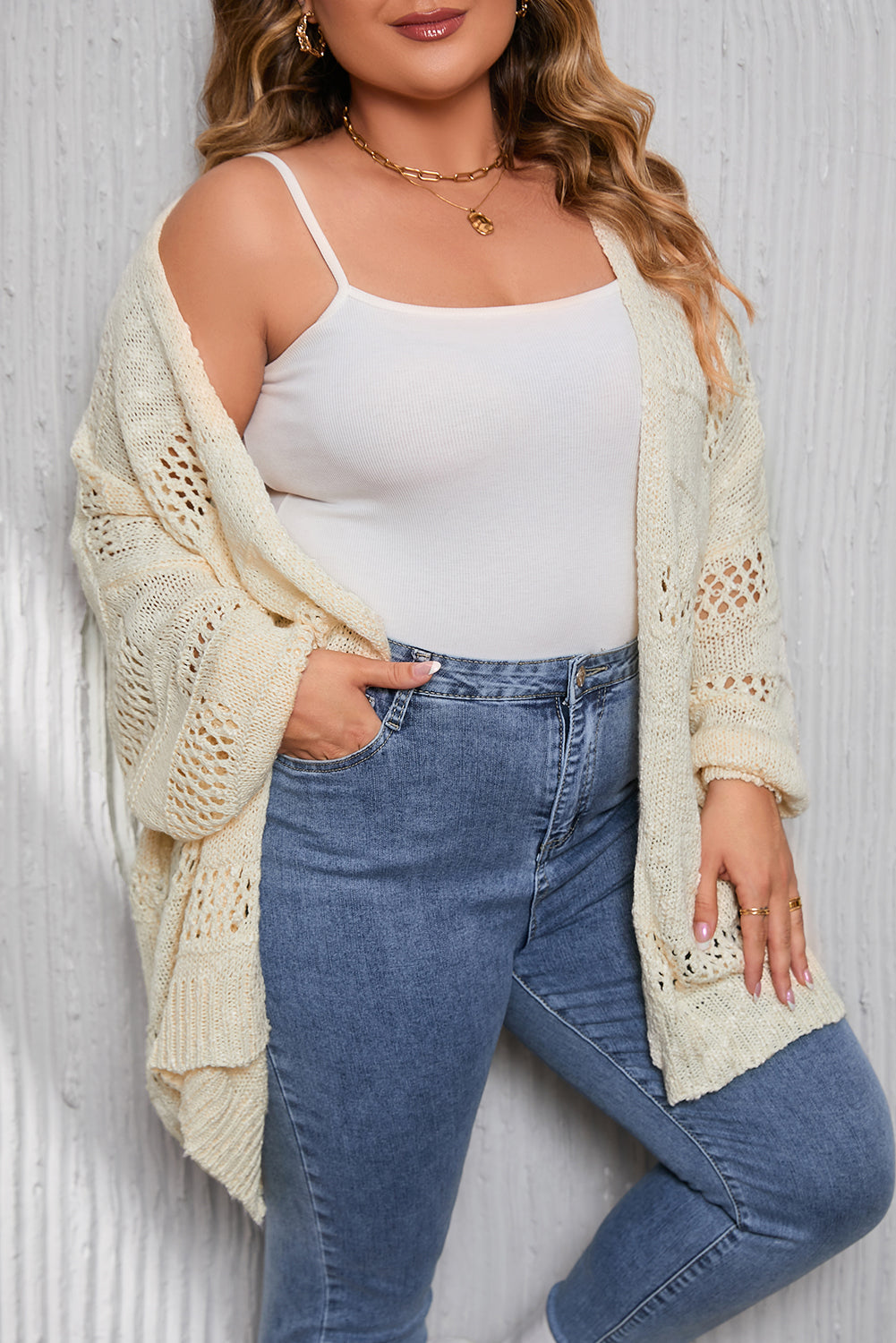 Apricot Plus Size Slouchy Hollowed Knit Open Front Cardigan