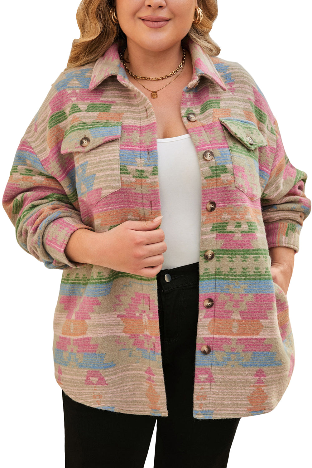 Multicolor Plus Size Flap Pockets Aztec Print Jacket