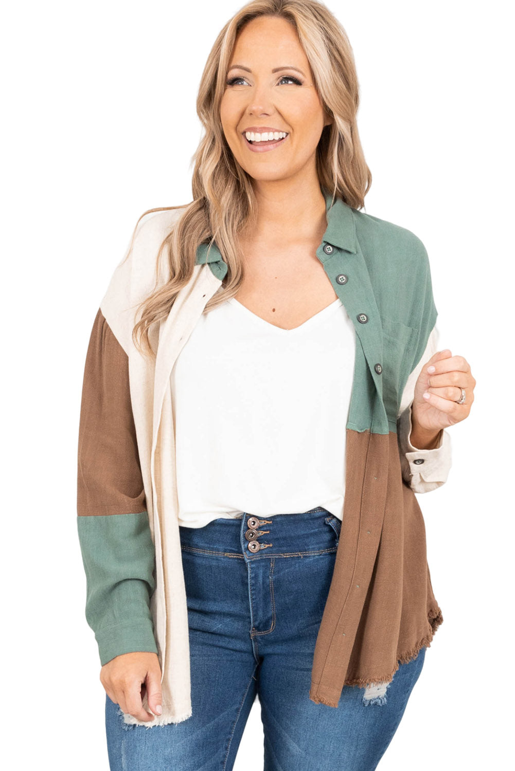 Green Colorblock Raw Edge Plus Size Shirt