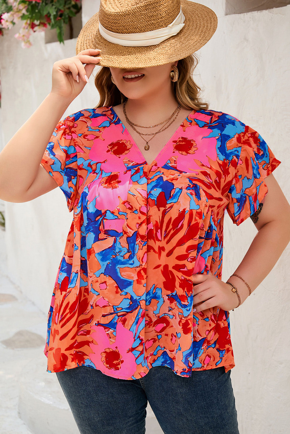 Fiery Red Abstract Floral Print V Neck Plus Blouse