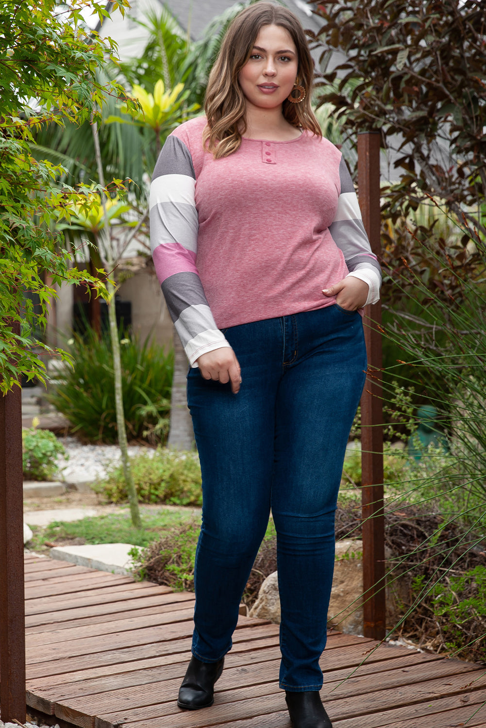 Pink Candy Striping Sleeve Plus Size Top