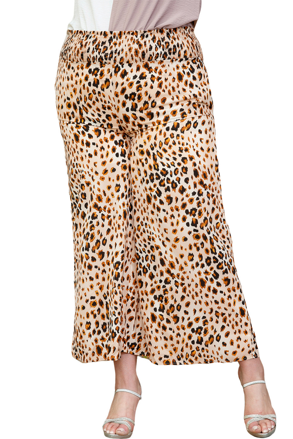 Leopard Plus Size Smoked High Waist Wide Leg Pants