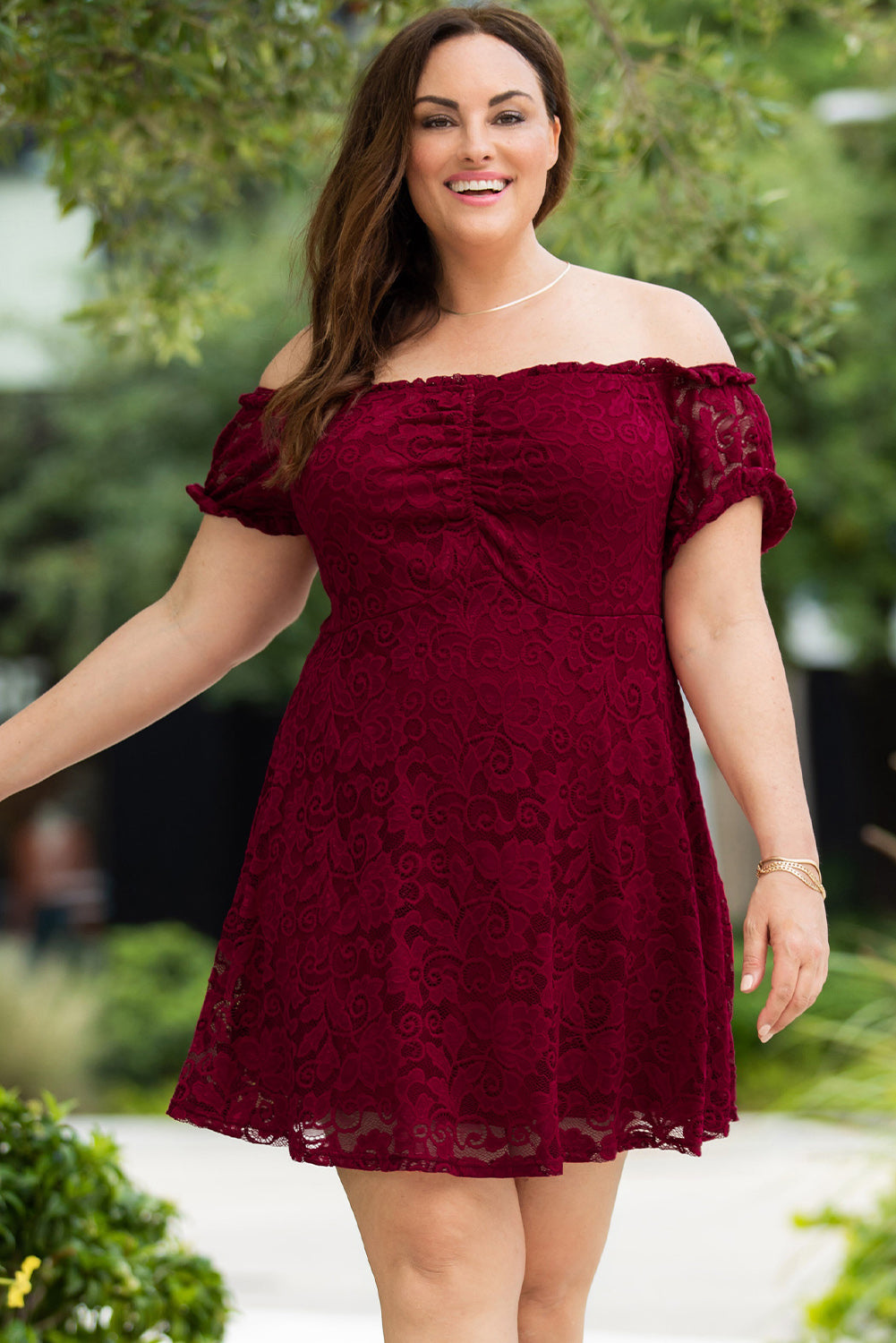 Fiery Red Lace Frill Bubble Sleeve Off Shoulder Plus Size Dress