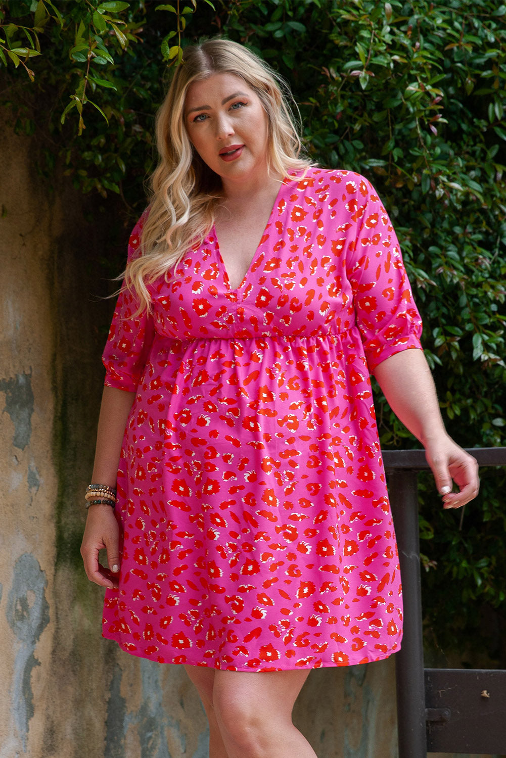 Rose Plus Size 3/4 Sleeves V Neck Leopard Dress