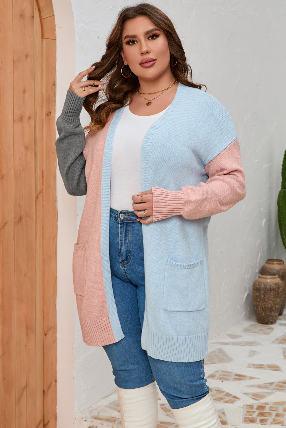 Multicolor Plus Size Colorblock Pocketed Open Front Cardigan